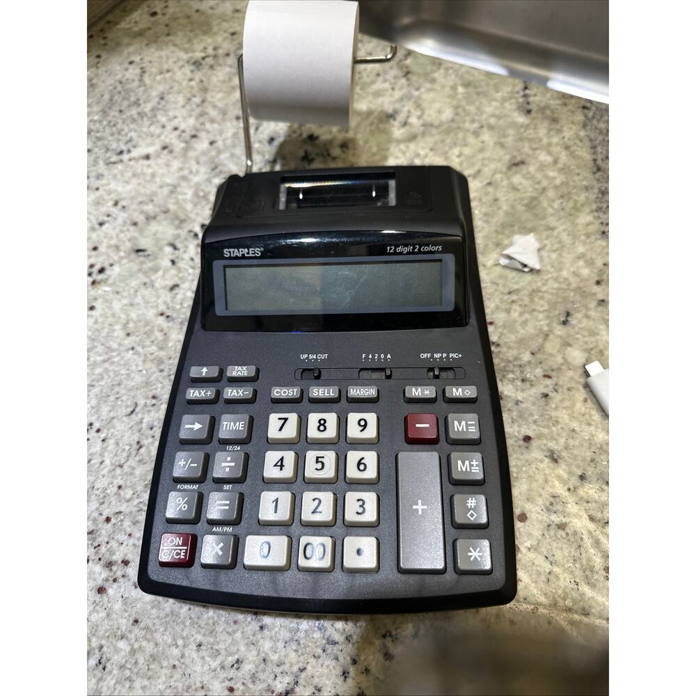 Staples ST44780-CC 12 Digit Printing Calculator Tested Works AC Adapter Roll